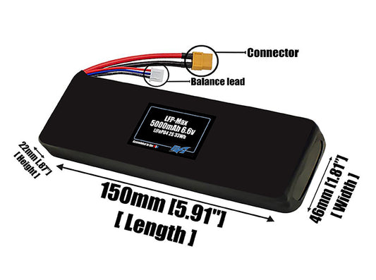Size reference photo of the 5000mAh 6.6V LFP-Max LiFePO4 pack showing 150 mm by 46 mm by 22 mm dimensions ideal for drones or large robotic systems where space matters.