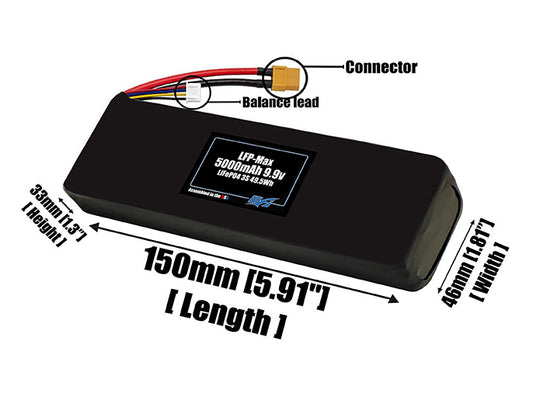 Size reference photo of the 5000mAh 9.9V LFP-Max LiFePO4 pack showing 150 mm by 46 mm by 33 mm dimensions ideal for drones or large robotic systems where space matters.