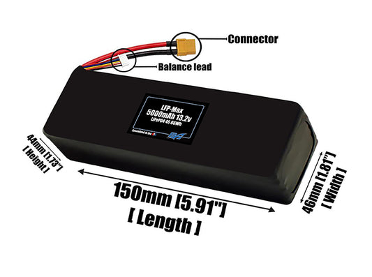 Size reference photo of the 5000mAh 13.2V LFP-Max LiFePO4 pack showing 150 mm by 46 mm by 44 mm dimensions ideal for drones or large robotic systems where space matters.