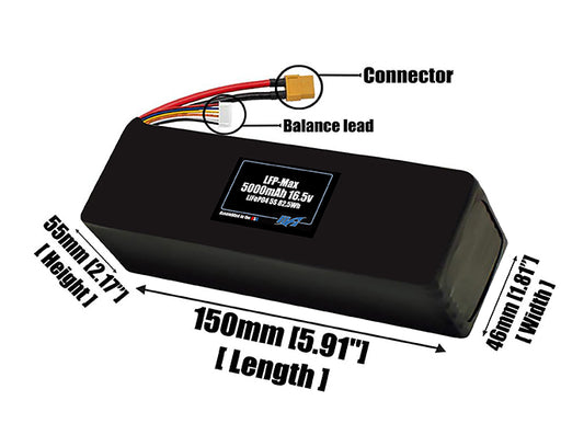 Size reference photo of the 5000mAh 16.5V LFP-Max LiFePO4 pack showing 150 mm by 46 mm by 55 mm dimensions ideal for drones or large robotic systems where space matters.
