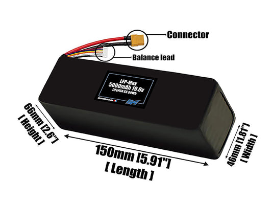 Size reference photo of the 5000mAh 19.8V LFP-Max LiFePO4 pack showing 150 mm by 46 mm by 66 mm dimensions ideal for drones or large robotic systems where space matters.