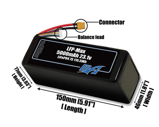 Size reference photo of the 5000mAh 23.1V LFP-Max LiFePO4 pack showing 150 mm by 46 mm by 77 mm dimensions ideal for drones or large robotic systems where space matters.