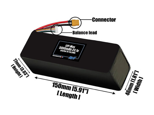 Size reference photo of the 5000mAh 23.1V LFP-Max LiFePO4 pack showing 150 mm by 46 mm by 77 mm dimensions ideal for drones or large robotic systems where space matters.