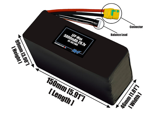 Size reference photo of the 5000mAh 29.7V LFP-Max LiFePO4 pack showing 150 mm by 46 mm by 99 mm dimensions ideal for drones or large robotic systems where space matters.
