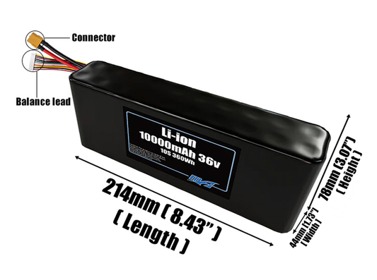 Size reference photo of the 10000mAh 36V Li-ion pack showing 214 mm by 44 mm by 78 mm dimensions ideal for drones or small robotic systems where space matters.