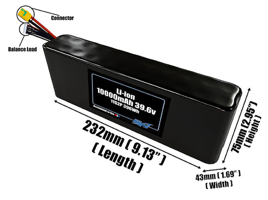 Size reference photo of the 10000mAh 39.6V Li-ion pack showing 232 mm by 43 mm by 75 mm dimensions ideal for drones or small robotic systems where space matters.