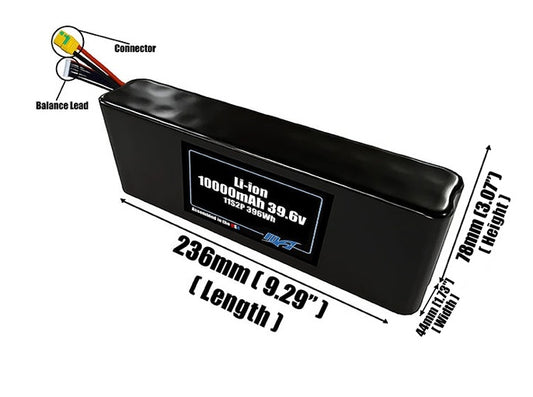 Size reference photo of the 10000mAh 39.6V Li-ion pack showing 236 mm by 44 mm by 78 mm dimensions ideal for drones or small robotic systems where space matters.