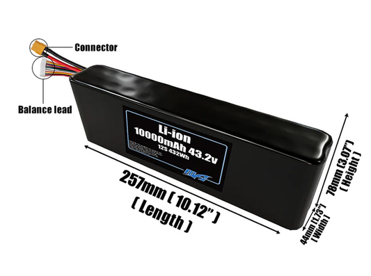 Size reference photo of the 10000mAh 43.2V Li-ion pack showing 257 mm by 44 mm by 78 mm dimensions ideal for drones or small robotic systems where space matters.