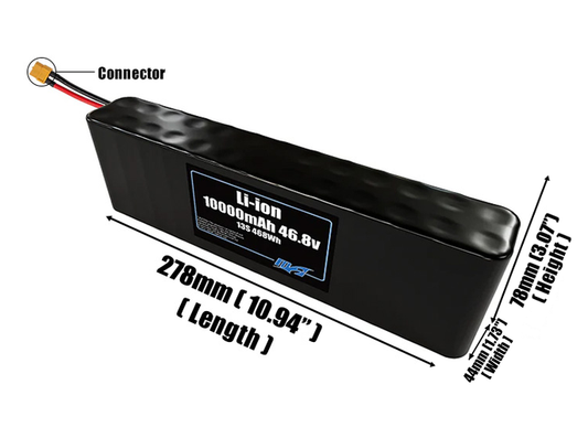 Size reference photo of the 10000mAh 46.8V Li-ion pack showing 278 mm by 44 mm by 78 mm dimensions ideal for drones or small robotic systems where space matters.