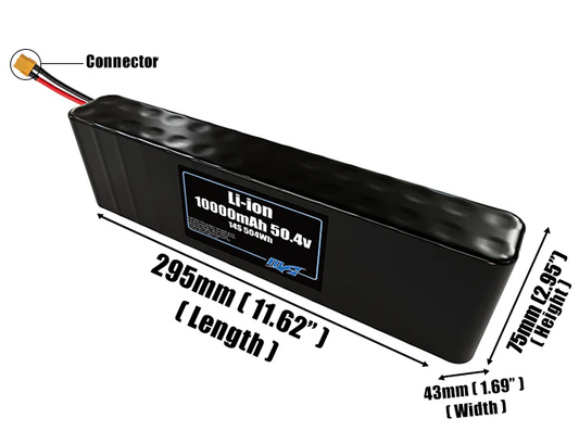 Size reference photo of the 10000mAh 50.4V Li-ion pack showing 295 mm by 43 mm by 75 mm dimensions ideal for drones or small robotic systems where space matters.