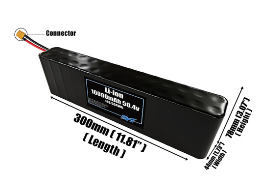 Size reference photo of the 10000mAh 50.4V Li-ion pack showing 300 mm by 44 mm by 78 mm dimensions ideal for drones or small robotic systems where space matters.