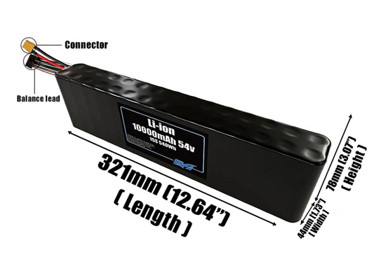 Size reference photo of the 10000mAh 54V Li-ion pack showing 321 mm by 44 mm by 78 mm dimensions ideal for drones or small robotic systems where space matters.