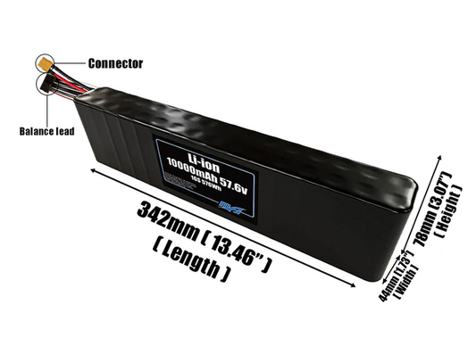 Size reference photo of the 10000mAh 57.6V Li-ion pack showing 342 mm by 44 mm by 78 mm dimensions ideal for drones or small robotic systems where space matters.