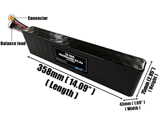 Size reference photo of the 10000mAh 61.2V Li-ion pack showing 358 mm by 43 mm by 75 mm dimensions ideal for drones or small robotic systems where space matters.