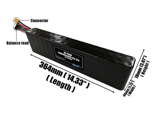 Size reference photo of the 10000mAh 61.2V Li-ion pack showing 364 mm by 44 mm by 78 mm dimensions ideal for drones or small robotic systems where space matters.