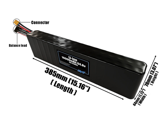 Size reference photo of the 10000mAh 64.8V Li-ion pack showing 385 mm by 44 mm by 78 mm dimensions ideal for drones or small robotic systems where space matters.