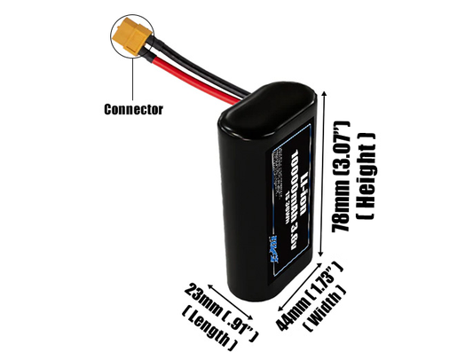 Size reference photo of the 10000mAh 3.6V Li-ion pack showing 23 mm by 44 mm by 78 mm dimensions ideal for drones or small robotic systems where space matters.
