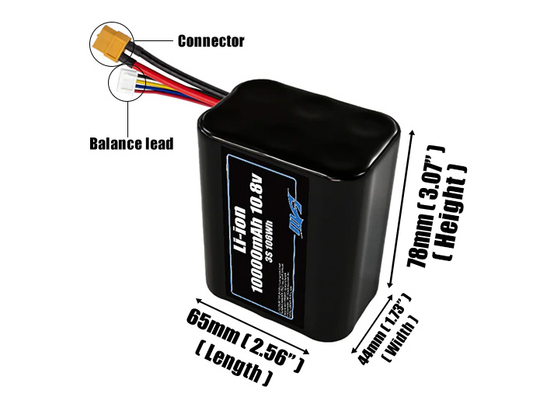Size reference photo of the 10000mAh 10.8V Li-ion pack showing 65 mm by 44 mm by 78 mm dimensions ideal for drones or small robotic systems where space matters.