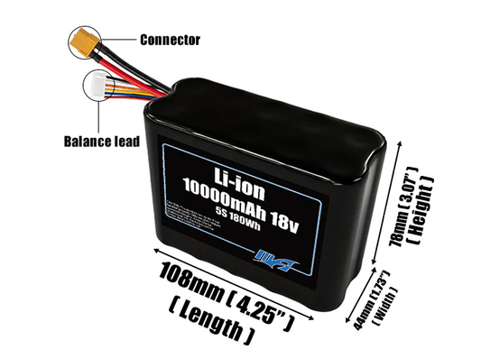 Size reference photo of the 10000mAh 18V Li-ion pack showing 108 mm by 44 mm by 78 mm dimensions ideal for drones or small robotic systems where space matters.