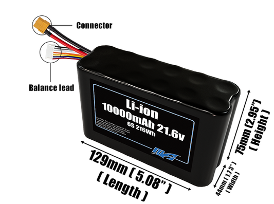 Size reference photo of the 10000mAh 21.6V Li-ion pack showing 129 mm by 44 mm by 75 mm dimensions ideal for drones or small robotic systems where space matters.