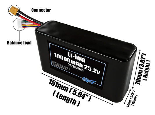 Size reference photo of the 10000mAh 25.2V Li-ion pack showing 151 mm by 44 mm by 78 mm dimensions ideal for drones or small robotic systems where space matters.