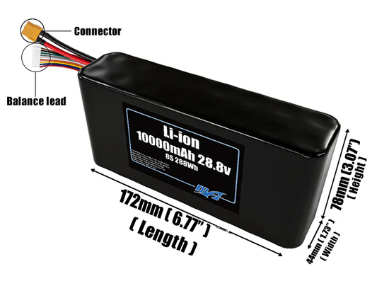 Size reference photo of the 10000mAh 28.8V Li-ion pack showing 172 mm by 44 mm by 78 mm dimensions ideal for drones or small robotic systems where space matters.