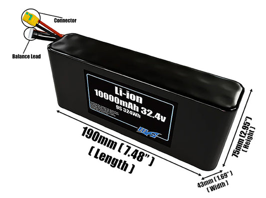 Size reference photo of the 10000mAh 32.4V Li-ion pack showing 190 mm by 43 mm by 75 mm dimensions ideal for drones or small robotic systems where space matters.