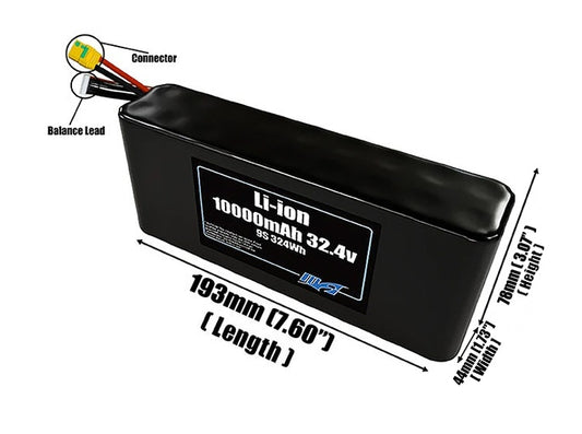 Size reference photo of the 10000mAh 32.4V Li-ion pack showing 193 mm by 44 mm by 78 mm dimensions ideal for drones or small robotic systems where space matters.