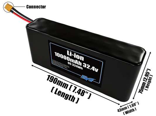 Size reference photo of the 10000mAh 32.4V Li-ion pack showing 190 mm by 43 mm by 75 mm dimensions ideal for drones or small robotic systems where space matters.