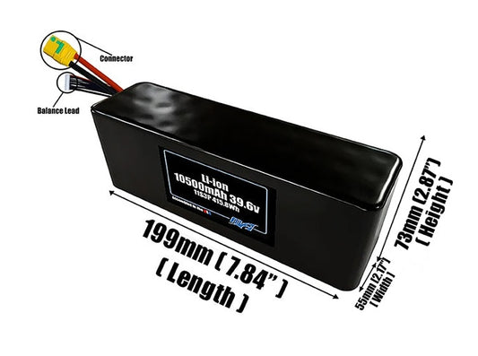 Size reference photo of the 10500mAh 39.6V Li-ion pack showing 199 mm by 55 mm by 73 mm dimensions ideal for drones or robotic systems where space matters.