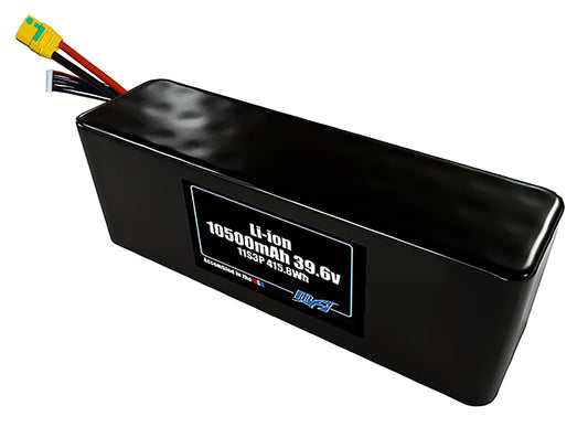 Compact 39.6-volt 10500mAh lithium-ion battery, built for lightweight drone, UAV, and robotics projects.