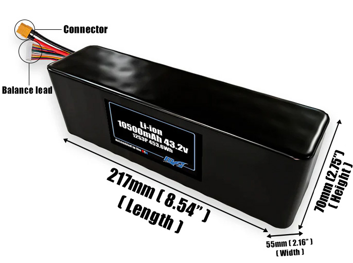 Size reference photo of the 10500mAh 43.2V Li-ion pack showing 217 mm by 55 mm by 70 mm dimensions ideal for drones or robotic systems where space matters.