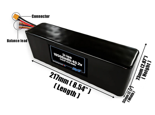Size reference photo of the 10500mAh 43.2V Li-ion pack showing 217 mm by 55 mm by 73 mm dimensions ideal for drones or robotic systems where space matters.