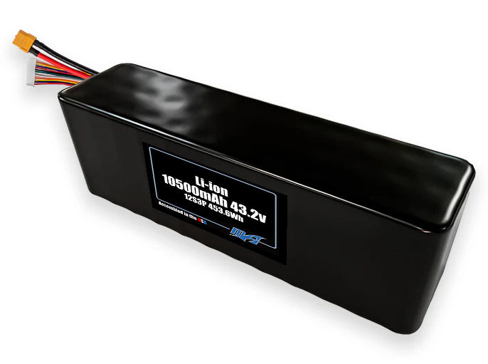 Compact 43.2-volt 10500mAh lithium-ion battery, built for lightweight drone, UAV, and robotics projects.