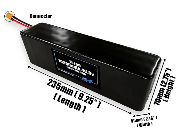 Size reference photo of the 10500mAh 46.8V Li-ion pack showing 235 mm by 55 mm by 70 mm dimensions ideal for drones or robotic systems where space matters.