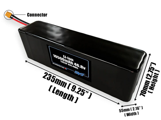 Size reference photo of the 10500mAh 46.8V Li-ion pack showing 235 mm by 55 mm by 70 mm dimensions ideal for drones or robotic systems where space matters.