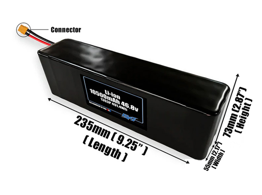 Size reference photo of the 10500mAh 46.8V Li-ion pack showing 235 mm by 55 mm by 73 mm dimensions ideal for drones or robotic systems where space matters.