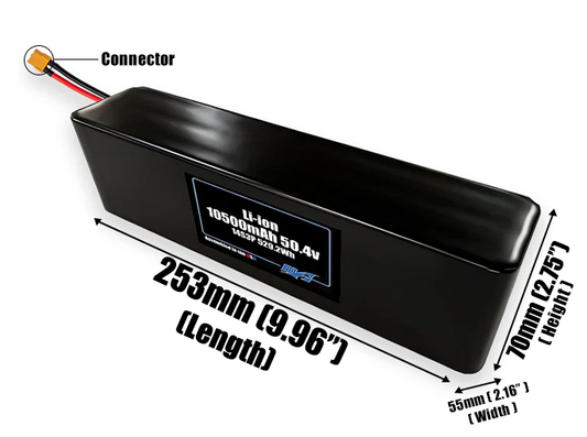 Size reference photo of the 10500mAh 50.4V Li-ion pack showing 253 mm by 55 mm by 70 mm dimensions ideal for drones or robotic systems where space matters.