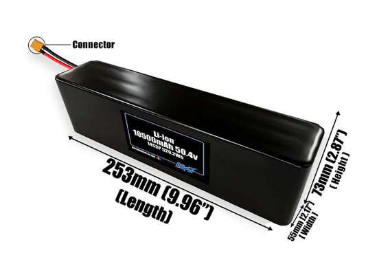 Size reference photo of the 10500mAh 50.4V Li-ion pack showing 253 mm by 55 mm by 73 mm dimensions ideal for drones or robotic systems where space matters.