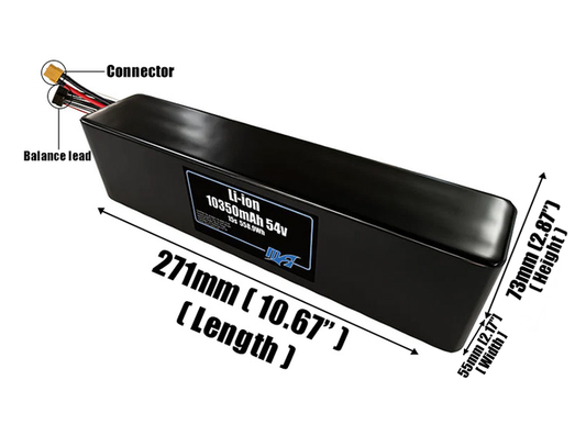Size reference photo of the 10500mAh 54V Li-ion pack showing 271 mm by 55 mm by 73 mm dimensions ideal for drones or robotic systems where space matters.