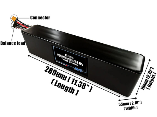 Size reference photo of the 10500mAh 57.6V Li-ion pack showing 289 mm by 55 mm by 70 mm dimensions ideal for drones or robotic systems where space matters.