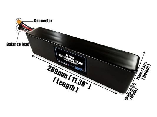 Size reference photo of the 10500mAh 57.6V Li-ion pack showing 289 mm by 55 mm by 73 mm dimensions ideal for drones or robotic systems where space matters.