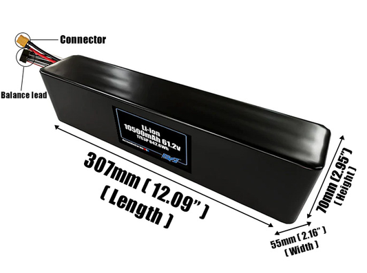 Size reference photo of the 10500mAh 61.2V Li-ion pack showing 307 mm by 55 mm by 70 mm dimensions ideal for drones or robotic systems where space matters.