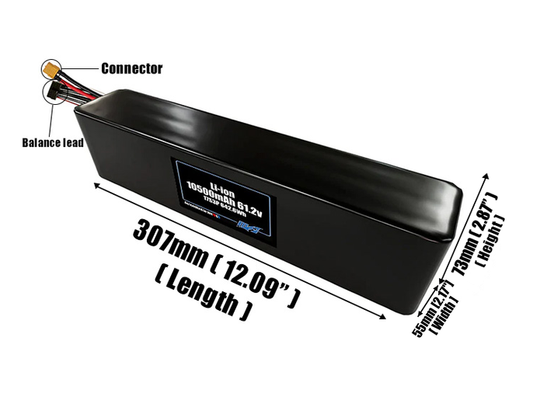 Size reference photo of the 10500mAh 61.2V Li-ion pack showing 307 mm by 55 mm by 73 mm dimensions ideal for drones or robotic systems where space matters.