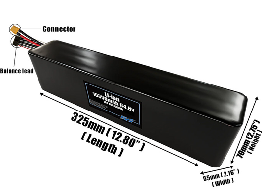 Size reference photo of the 10500mAh 64.8V Li-ion pack showing 325 mm by 55 mm by 70 mm dimensions ideal for drones or robotic systems where space matters.