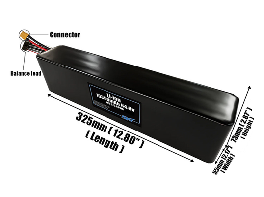Size reference photo of the 10500mAh 64.8V Li-ion pack showing 325 mm by 55 mm by 73 mm dimensions ideal for drones or robotic systems where space matters.