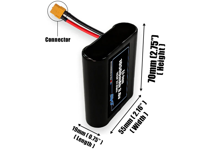 Size reference photo of the 10500mAh 3.6V Li-ion pack showing 19 mm by 55 mm by 70 mm dimensions ideal for drones or robotic systems where space matters.