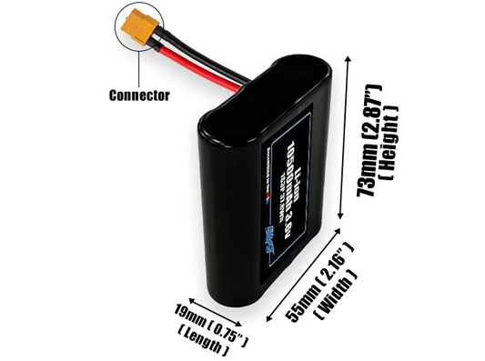 Size reference photo of the 10500mAh 3.6V Li-ion pack showing 19 mm by 55 mm by 73 mm dimensions ideal for drones or robotic systems where space matters.