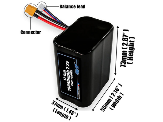 Size reference photo of the 10500mAh 7.2V Li-ion pack showing 37 mm by 55 mm by 73 mm dimensions ideal for drones or robotic systems where space matters.