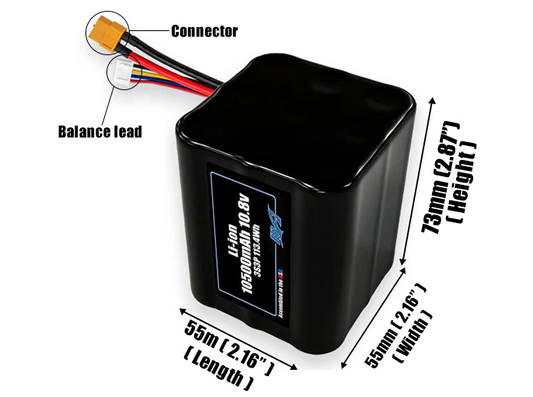 Size reference photo of the 10500mAh 10.8V Li-ion pack showing 55 mm by 55 mm by 73 mm dimensions ideal for drones or robotic systems where space matters.